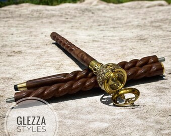 Handmade Wooden Walking Stick with Sundial Compass | Victorian Brass Handle Spiral Cane | Vintage Nautical Cosplay Gift Halloween Christmas