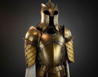 Golden Elven Warrior Armor Suit, 18 Gauge Steel Full Cuirass & Helmet, Fantasy Knight Cosplay, Renaissance Fair Scale Armor Costume