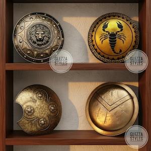 Op de afbeelding: Vier ronde schilden op houten planken. Links boven: bronzen schild met leeuwenreliëf. Rechts boven: goudkleurig schild met zwarte schorpioenafbeelding. Links onder: getextureerd bronzen schild met uitsparingen. Rechts onder: effen bronzen schild.