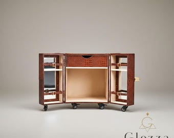 Leather Bar Trunk Cabinet - Mobile Steamer Liquor Cabinet - Embossed Leather Bar Cart Portable Travel Bar Storage on Wheels Luxury Mini Bar