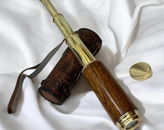 Handmade Vintage Nautical Brass Wooden 17&quot; Telescope with engraved hand personlised Leather Gift Box for Christmas halloween Valentines love