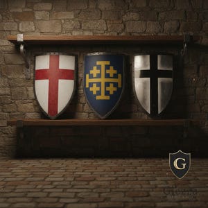 May include: Three heater shields displayed on a wooden shelf. The left shield is white with a red cross. The center shield is blue with a yellow Jerusalem cross. The right shield is silver with a black cross. Each shield has a dark metal border.