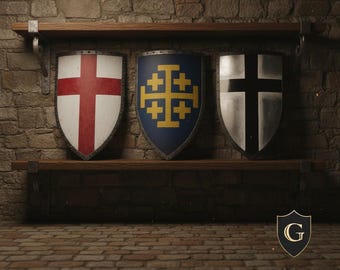 Handcrafted Medieval Crusader Heater Shield Red Cross, Jerusalem Cross, Teutonic Steel Armor Shield -12", 18", 24", 28" Wall Decor & Cosplay