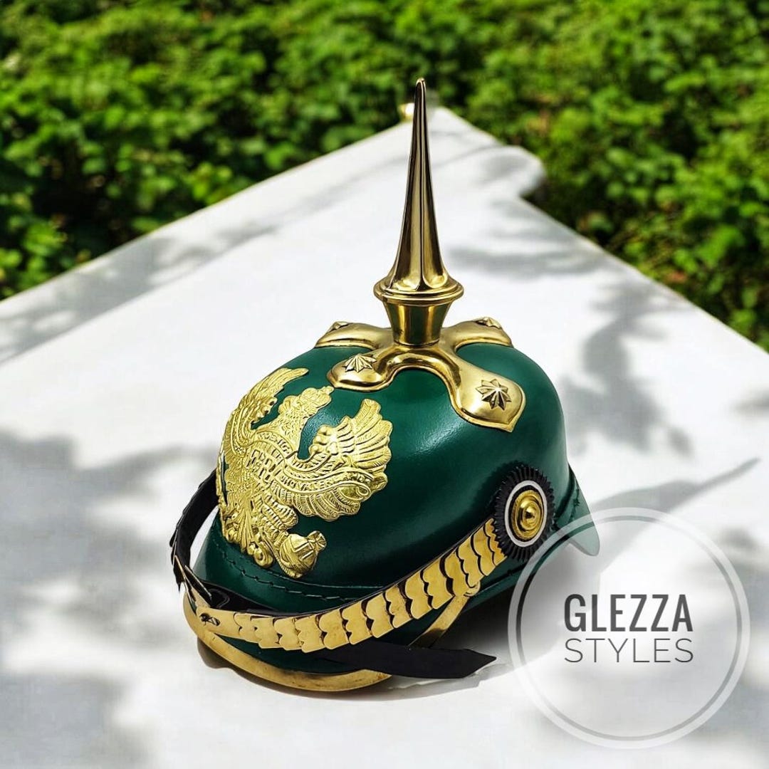 Green Prussian WW2 Leather Helmet German Officer Pickelhaube