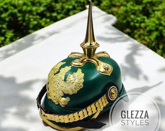 Imperial Prussian Green Leather Pickelhaube | Brass Spiked Officers Helmet | Wearable WWI Germany Military Armor | Historical Cosplay Gift