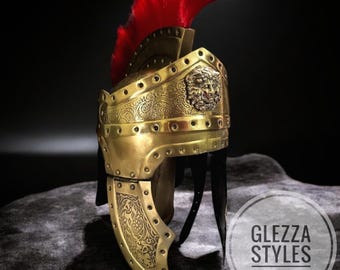 Roman Praetorian Helmet with Red Plume | Brass Plated Steel Centurion Helm | Wearable Medieval Warrior Armor Costume | Halloween Gift Art