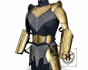 Female Fantasy Warrior Armor Set - Brass Valkyrie Cosplay Costume - Elven Knight Plate Armor with Chainmail, Gorget, Pauldrons, & Bracers