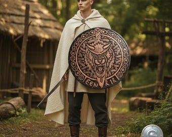 Battle Ready Fenrir Viking Shield | Custom Wooden Norse Round Shield | Authentic LARP Medieval Cosplay Prop | Hand Painted Pagan Shield