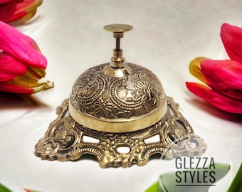 Vintage Brass Desk Bell | Embossed Hotel Reception Counter Call Bell | Antique Style Ornate Table Service Bell, Office Decor Teacher Gift
