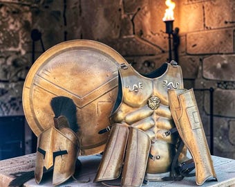 Full Greek Spartan Armor Set | 300 King Leonidas Cosplay Costume | Gold Muscle Breastplate Shield Helmet Bracers Greaves | Halloween Gift