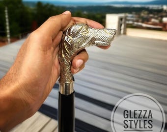Steampunk Dog Cane | Brass Dog Head Walking Stick | Vintage Victorian Nickel Finish Foldable Wooden Cane, Halloween Groomsmen Cosplay Gift
