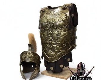 Roman Lorica Musculata Muscle Cuirass Armor Suit - Greek Spartan Antique Brass Muscle Chest Plate with Helmet - LARP Cosplay Costume