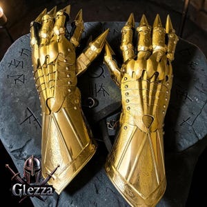 Middeleeuwse ridderhandschoenen - Handbescherming gepolijst staalpantser - Gothic Crusader-handschoenen voor Halloween-kostuum, LARP en cosplay Goud