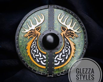 24" Viking Shield Wall Decor | Wooden Norse Stag Antler Round Shield | Medieval Reenactment Battle Shield Armor | Celtic Art Halloween Gift