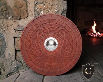 Hand Carved Wooden Viking Dragon Shield - Mjolnir Thor Hammer Round Shield - Norse Mythology Wall Decor, Cosplay, Gift (18", 22", 24", 30")