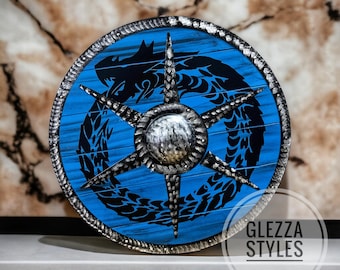 24" Viking Wooden Shield | Medieval Dragon Round Shield with Steel Boss | Handcrafted Nordic Battle Armor Prop, Gothic LARP Halloween Gift