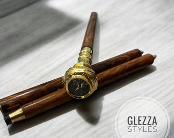 Brass Handle Walking Stick with Compass | 37" Wooden Cane with Polished Brass Grip & Brown Shaft | Vintage Style Gentleman Hiking Gift