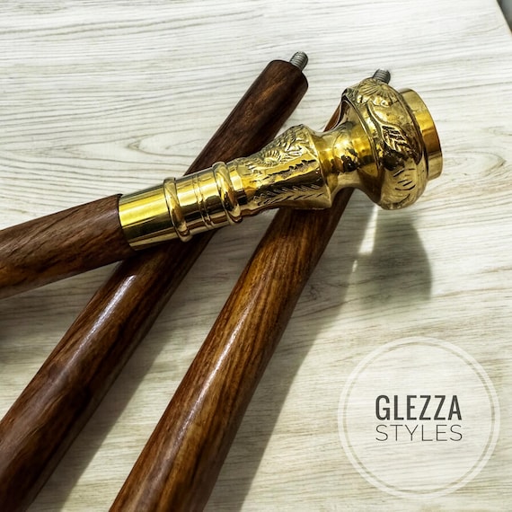 Bastone Da Passeggio Legno Maniglia Da Passeggio Vintage In Ottone Per Bastone - Stile Vittoriano, In Legno Di Palissandro, Riproduzione Antica Bastone Da Collezione 1800 - Foto 5