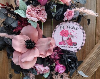 Breast Cancer Awareness Halloween Wreath, Witches Wear Pink, Pink Halloween Wreath, Pink Awareness, Door Awareness Wreath, Grapevine Wreath,