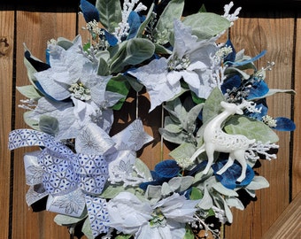 White Poinsettias Christmas Wreath, Lamb's Ear, Blue Eucalyptus, Deer, Grapevine Wreath, Holiday Door Decor, Door Hanger, Housewarming Gift