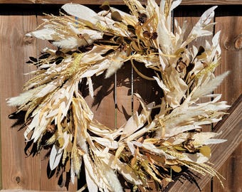 Fall Wreath, Corn Husk Autumn Grapevine Wreath, Beige Neutral Fall Wreath, Thanksgiving, Fall Leaves, Corn Stock  Boho Wreath, Housewarming,