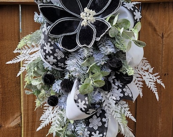 Christmas Teardrop Swag Wreath, Black Velvet Poinsettia, Snowflake Ribbon, Snow Covered Fern, Frosted Eucalyptus, Winter Swag Door Decor