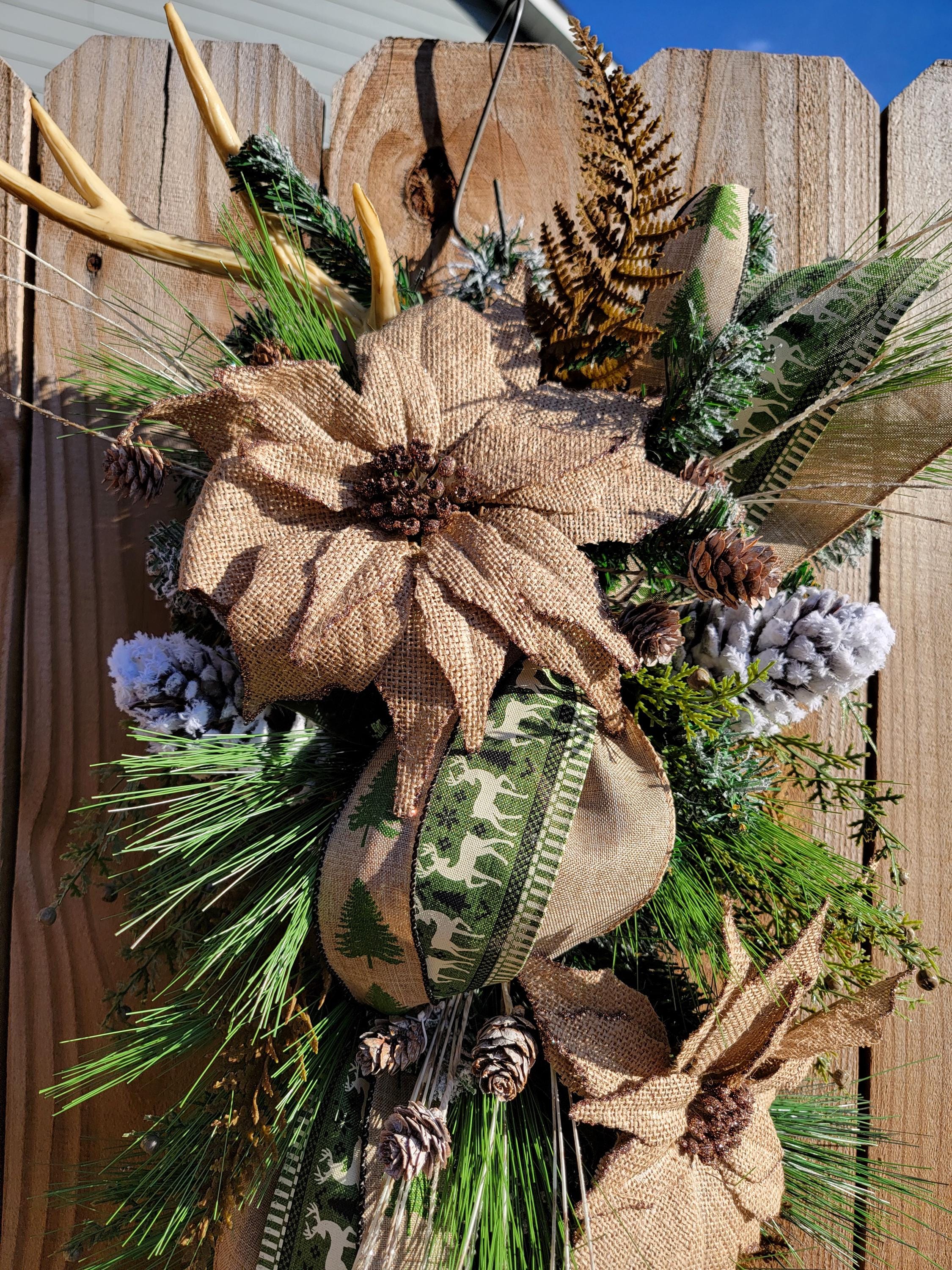 Winter Deer Teardrop Swag Wreath, Deer Antler Christmas Swag, Burlap