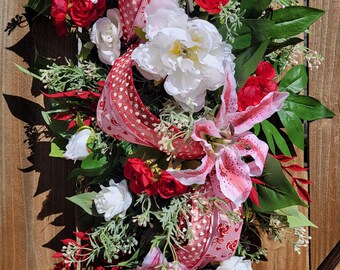 Valentine&#39;s Day Tear Drop Swag, White Roses, Red Miniature Ranunculus, Wreath, Ficus Leaves, Pink Lily&#39;s, Happy Valentine&#39;s Day, Door Decor