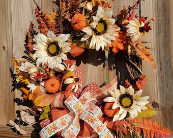 Fall Wreath, Autumn Wreath, Thanksgiving Fall Grapevine Wreath, Holiday Door Decor, Door Hanger, Sunflowers, Pumpkins, Sunflower Wreath,