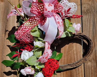 Valentine&#39;s Day Heart Wreath, White Roses, Pink Miniature Ranunculus, Heart Shaped Grapevine Wreath, Hearts, Cupid, Heart Ribbon, Door Decor