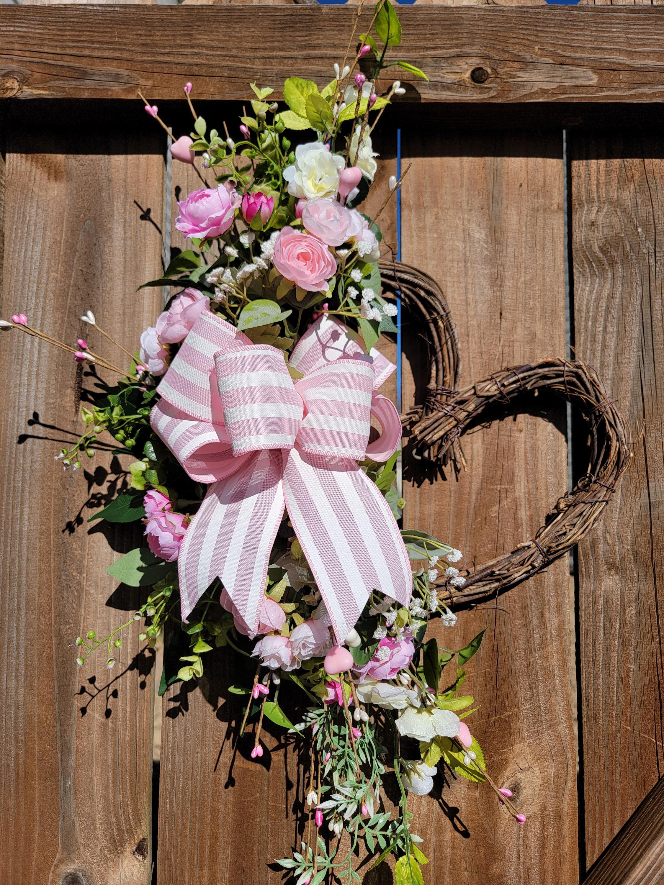 Valentine's Day Heart Wreath, New Baby Girl Wreath, White & Pink Roses, Pink Miniature Ranunculus, Heart Shaped Grapevine Wreath, Door Decor
