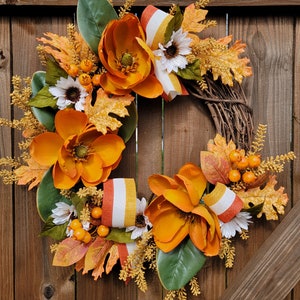 Autumn Magnolia Grapevine Wreath, Sun Flowers, Fall Flowers, Thanksgiving, Fall Leaves, Housewarming Gift, Real Touch Magnolias,