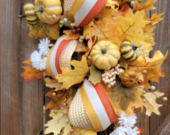 Autumn, Thanksgiving Fall Tear Drop Swag, Wreath, Pumpkins, Fall Leaves, Door Decor, Front Door Swag, Swag, Pinecones & Pumpkins