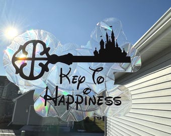 Key to Happiness Castle Mouse Ears Static Cling Suncatcher - Handmade Window Decoration, Sun Catcher, Whimsical Home Décor, Gift