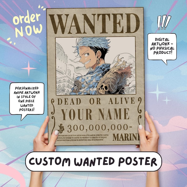 CUSTOM WANTED POSTER Digital Download Portrait Cartoon Artwork Anime Poster For Anime Lovers