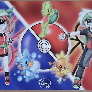 May include: A digital illustration of two Pokémon trainers, one with a red and white outfit and the other with a green and red outfit. The trainers are standing on opposite sides of a Pokéball with their Pokémon beside them. The Pokémon are a blue water type, a green grass type, a yellow fire type, and a brown ground type.