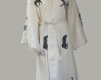 Babada Home Boho Handmade Wood Block Printed Muslin Kimono, 100% Cotton Handmade Caftan Robe & Towel, Black Leopard, Bath Robe, Turkish Robe