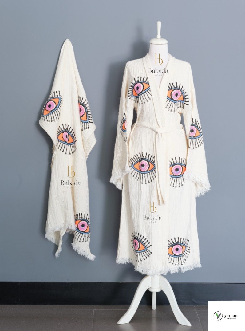 Evil Eye Bath Robe, Boho Handmade Wood Block Printed Muslin Kimono, 100% Cotton Handmade Caftan Robe & Towel, Turkish Robe