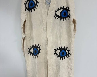 Boho Handmade Wood Block Printed Muslin Kimono, 100% Cotton Handmade Caftan Robe & Towel, 5 Evil Eyes Designs, Turkish Robe, Dressing Gown
