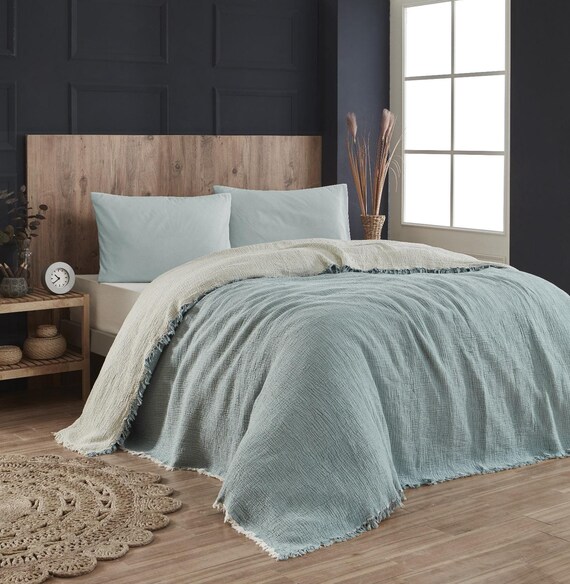 Babada Home 4-lagige Musselin-Decke mit Fransen, Tagesdecke, wendbar, faltig, flauschig, mint