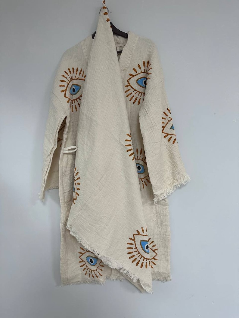 Frayed Robe Boho Handmade Wood Block Printed Muslin Kimono, 100% Cotton Handmade ...
