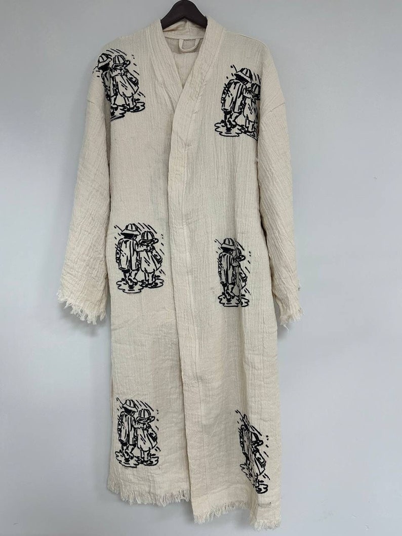 Frayed Robe Babada Home Boho Handmade Wood Block Printed Muslin Kimono, 100% Cotton ...