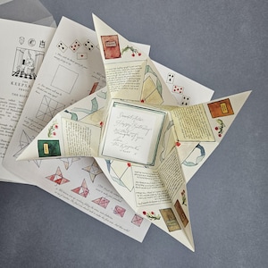 Peut inclure: Une carte de vœux faite à la main en forme d'étoile avec du texte manuscrit, des illustrations et des éléments décoratifs. La carte présente un message central, entouré de sections de papier pliées avec des dessins et du texte. La carte est sur une pile de papiers avec des illustrations.