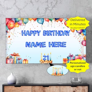 Personalized, Happy Birthday, Frame TV Art | Blue | Delivered in Minutes to Your Email
