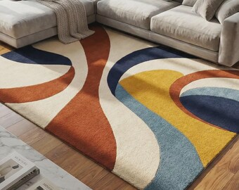 Kleurrijk abstract wollen vloerkleed, handgetuft modern vloerkleed, geometrisch vloerkleed in mid-century stijl voor woonkamer en slaapkamer.
