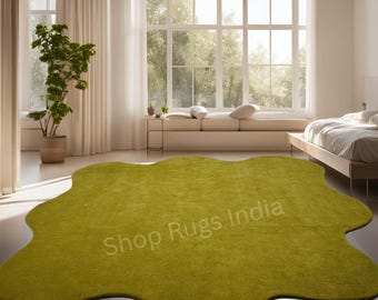 Hand Tufted Wool Rug, Olive Green Irregular Shape, Scandinavian Style