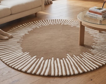 Hand Tufted Round Sunburst Area Rug Brown and White Wool Carpet Contemporary Neutral Plush Rug for Living Room, Bedroom Custom Sizes
