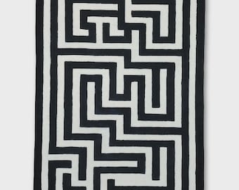 Handgetuft wollen vloerkleed zwart-wit doolhof modern geometrisch ontwerp