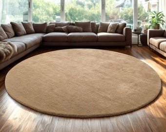 Hand Tufted Round Rug 6x6 Coffee Brown Wool Rug Solid Circle Carpet Minimalist Plush Neutral Rug Living Room Decor