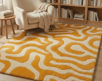 Yellow Ivory Abstract Wool Rug – Hand Tufted Mid Century Boho Carpet